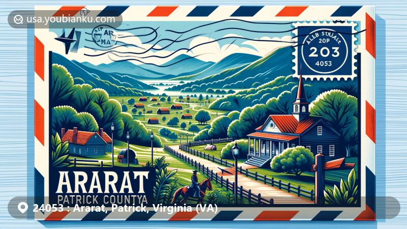 Modern illustration of Ararat area, Patrick County, Virginia, featuring Laurel Hill, birthplace of Civil War General JEB Stuart, set against Blue Ridge Mountains backdrop with lush greenery and historical significance, all within a postal theme.
