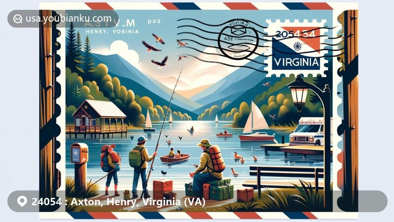 Modern illustration of Axton, Henry County, Virginia, highlighting outdoor activities like camping, hiking, fishing, and boating, with the Virginia state flag elements representing state identity.