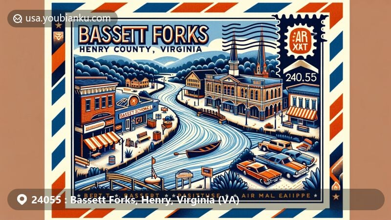 Modern illustration of Bassett Forks, Henry County, Virginia, with ZIP code 24055, featuring landmarks like John D. Bassett High School and Bassett Furniture Company, American diners, and vibrant community life at the historic train depot.