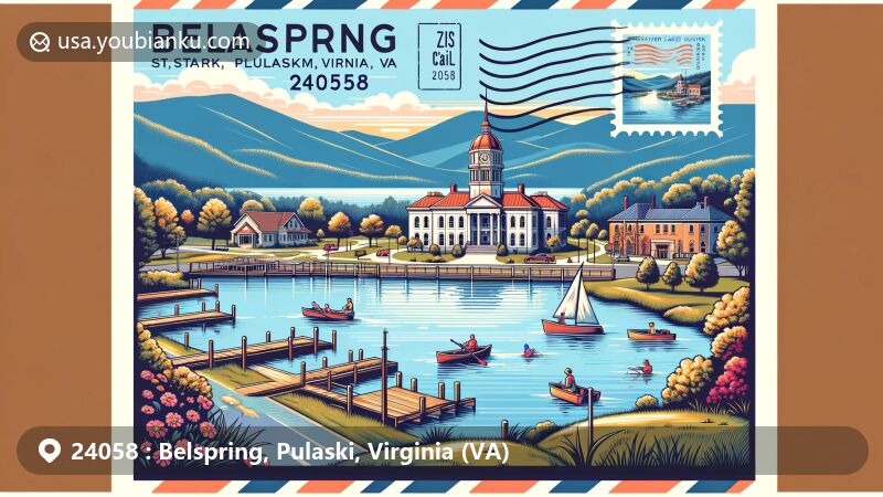 Creative illustration of Belspring, Pulaski County, Virginia, showcasing postal theme with ZIP code 24058, featuring Claytor Lake State Park and the historic Pulaski County Courthouse.