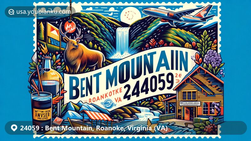 Modern illustration of Bent Mountain, Roanoke County, Virginia, showcasing postal theme with ZIP code 24059, featuring high elevation views of Roanoke Valley, Bent Mountain Falls, and AmRhein's Wine Cellar.