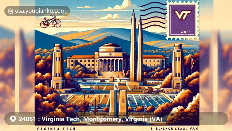 Modern illustration of Virginia Tech and Blacksburg, Virginia, featuring iconic landmarks like Burruss Hall, the Drillfield, the Pylons, and the natural beauty of the Blue Ridge Highlands, designed as a postcard with postal elements.