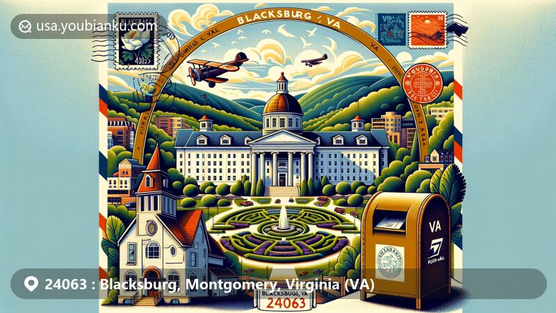 Modern illustration of Blacksburg, VA area in Montgomery County, ZIP code 24063, featuring Hahn Horticulture Garden, Blacksburg Historic District, and Moss Arts Center.