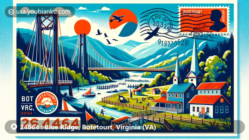Vibrant illustration of Botetourt County, Virginia, with ZIP code 24064, highlighting Blue Ridge Mountains, Buchanan's Swinging Bridge, and Town of Fincastle.