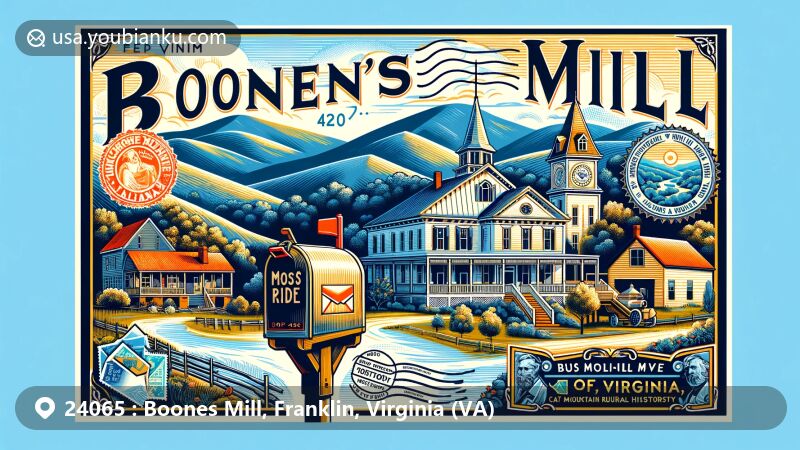 Modern illustration of Boones Mill, Virginia, in Franklin County, with the Blue Ridge Mountains in the background, capturing the town's natural beauty. Features Cahas Mountain Rural Historic District with historic buildings reflecting Victorian, Greek Revival, and Federal styles. Vintage postcard design includes a mailbox with ZIP code '24065' and Virginia-themed postal stamps.