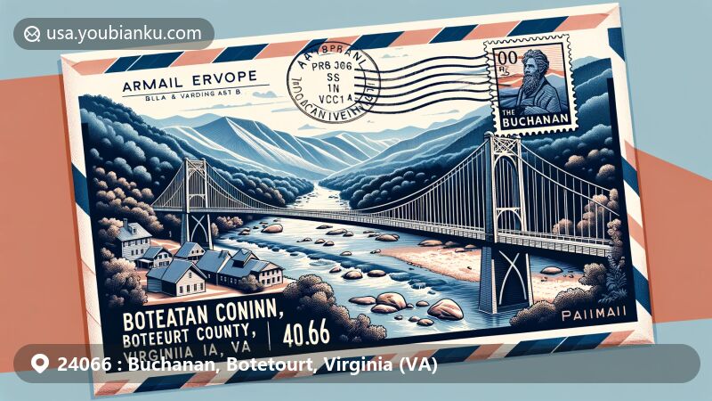 Modern illustration of Buchanan Swinging Bridge in Botetourt County, Virginia, with airmail envelope and postal theme, featuring ZIP code 24066.