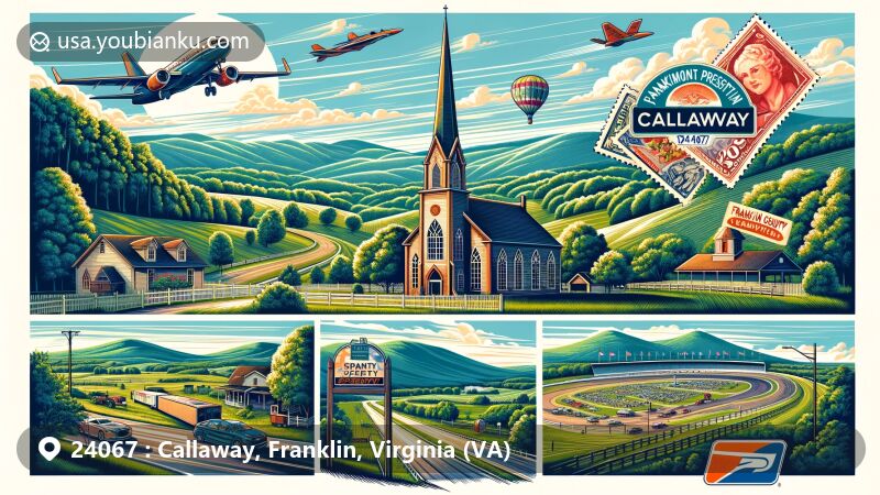 Modern illustration of Callaway, Franklin County, Virginia, displaying rural landscape with green hills, Piedmont Presbyterian Church, Cahas Mountain, and Franklin County Speedway, integrating postal theme with air mail envelope, stamp, and postmark.