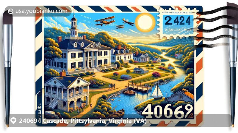 Modern illustration of Cascade, Pittsylvania, Virginia, featuring Windsor plantation complex and Callands clerk’s office, set against a backdrop of hills and a meandering river, encapsulated in an airmail envelope with ZIP code 24069.