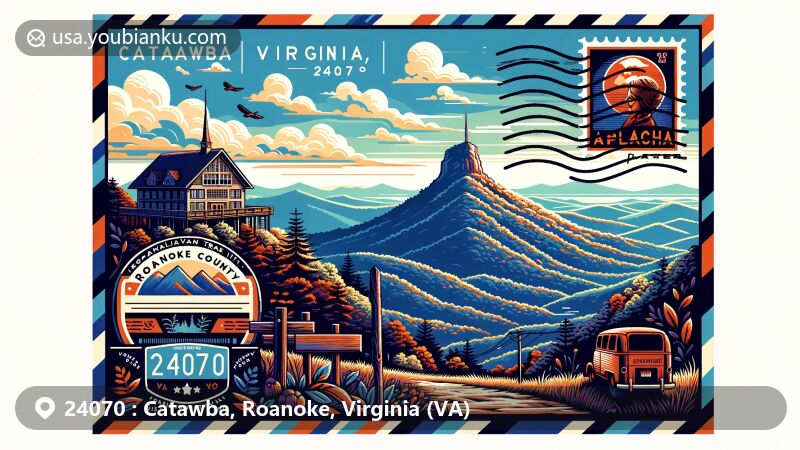 Modern illustration of Catawba, Virginia, 24070, Roanoke County, featuring McAfee Knob on the Appalachian Trail, with vintage postal elements and vibrant color scheme.