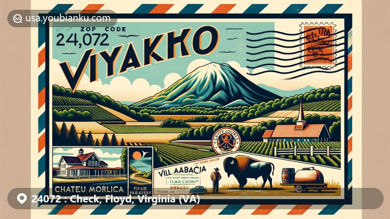 Modern illustration of Check, Floyd County, Virginia, showcasing postal theme with ZIP code 24072, featuring Buffalo Mountain, Chateau Morrisette Winery, and Villa Appalaccia Winery.