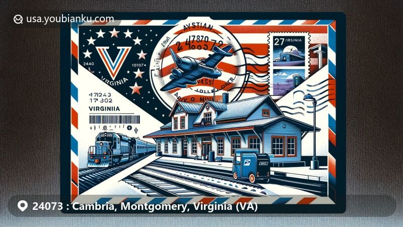 Modern illustration of Cambria area in Montgomery County, Virginia, featuring Virginia state flag, Montgomery County outline, old train depot, postal elements with ZIP code 24073, presented in an airmail envelope.