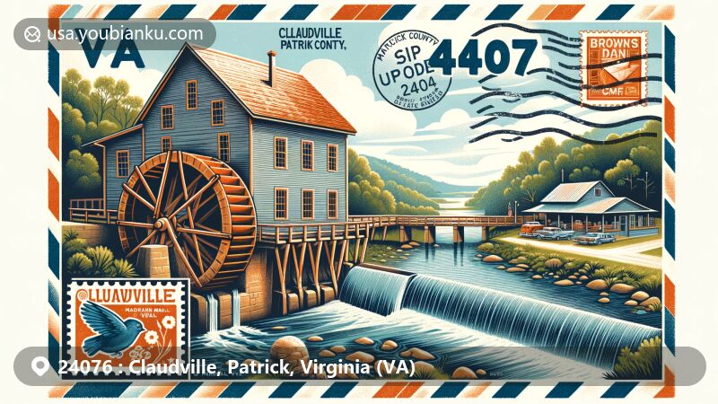 Modern illustration of Claudville, Patrick County, Virginia, highlighting Mitchell's Mill and Claudville Cafe in a postal theme with ZIP code 24076.