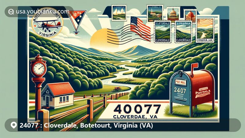 Modern illustration of Cloverdale, Botetourt County, Virginia, displaying postal theme with ZIP code 24077, featuring picturesque landscape with rolling hills, lush forests, tranquil rivers, and Virginia state flag.