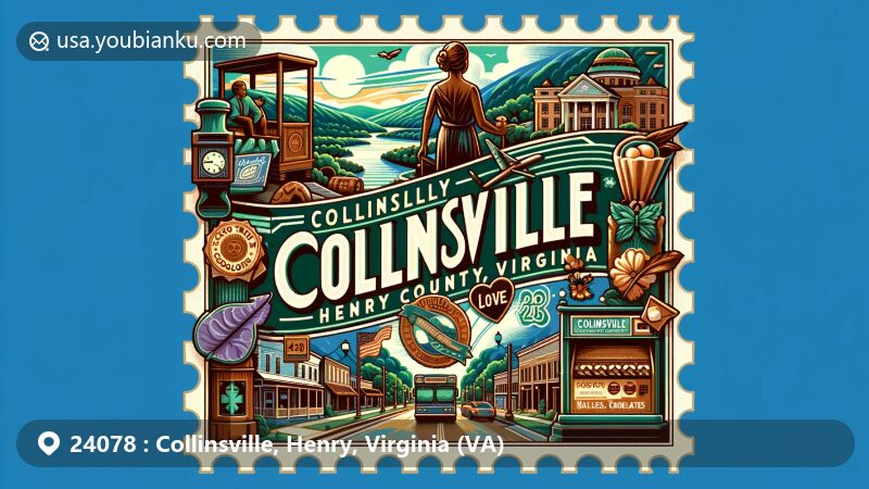 Modern illustration of Collinsville, Henry County, Virginia, featuring scenic backdrop of lush landscapes like Blue Ridge Mountains, Collinsville Jaycee Park, Cocoa Trail Chocolates LOVE Mural, and vintage postal theme with ZIP code 24078.