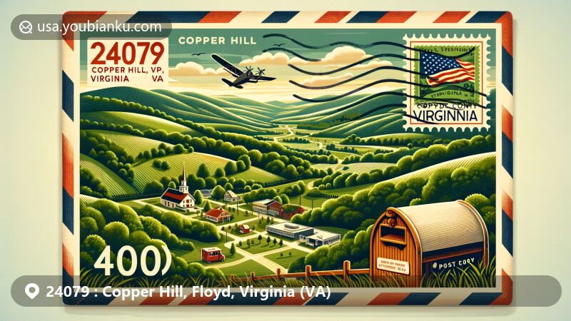 Modern illustration of Copper Hill, Floyd County, Virginia, featuring scenic outdoor landscape with rolling hills and lush greenery, showcasing area's peaceful outdoor recreation opportunities. Vintage-style airmail envelope in foreground with Virginia state flag, postage stamp of Floyd County, and postmark 24079 Copper Hill, VA, incorporating small-town America charm and postal theme.