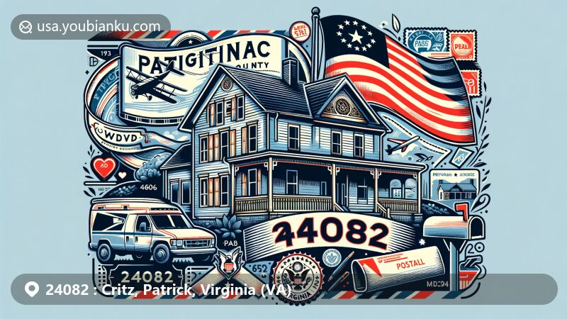 Modern illustration of Critz, Patrick County, Virginia, showcasing postal theme with ZIP code 24082, featuring the Reynolds Homestead, Virginia state flag, and Patrick County outline.