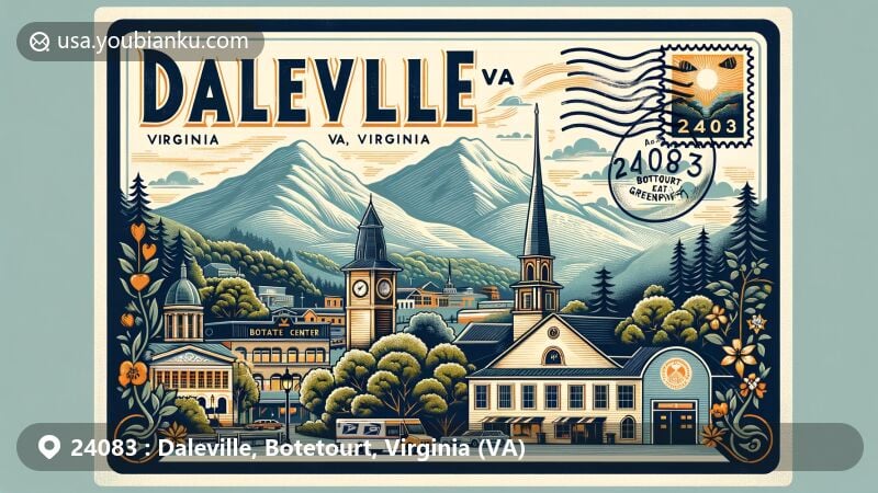 Modern illustration of Daleville, Botetourt County, Virginia, highlighting ZIP code 24083, featuring the Appalachian Trail, Blue Ridge Mountains, and Botetourt Center at Greenfield.