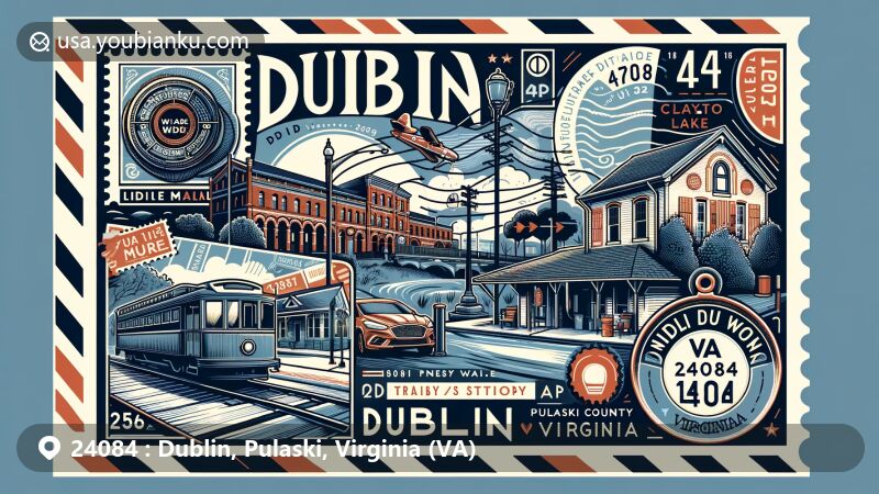 Modern illustration of Dublin, Pulaski County, Virginia, blending local landmarks and cultural identity with postal elements, featuring Old Train Station, Claytor Lake, vintage air mail envelope, postal cancellation mark, and classic American mailbox.