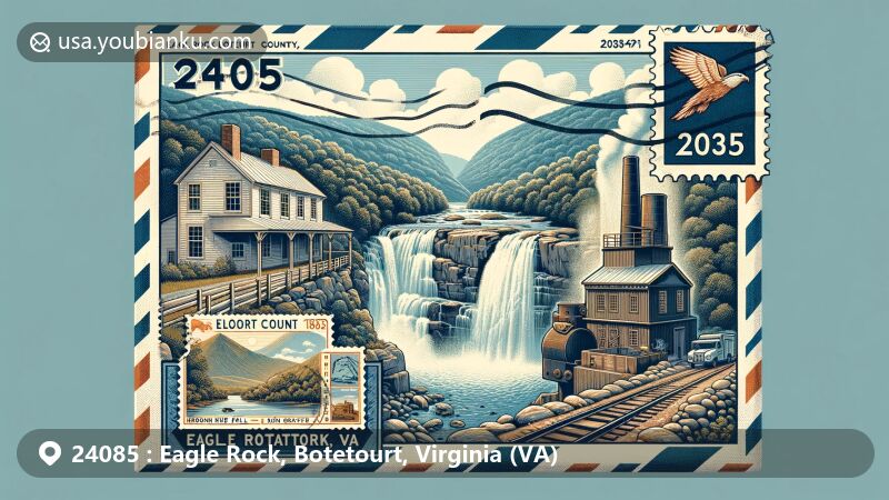 Modern illustration of Eagle Rock, Botetourt County, Virginia, highlighting scenic beauty, historical richness, Roaring Run Falls, Roaring Run iron ore furnace, and Blue Ridge Mountains.