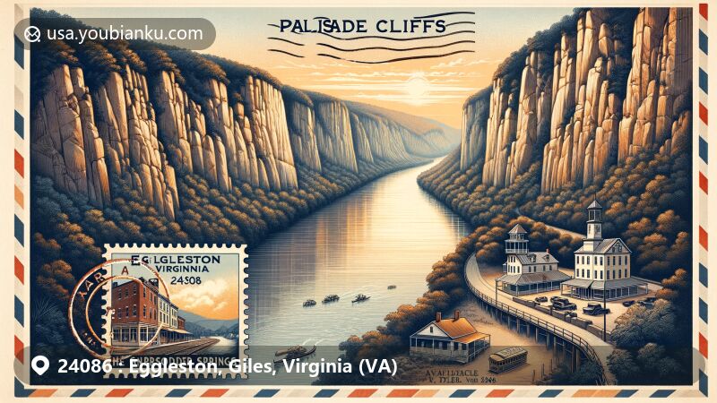 Modern illustration of Eggleston area in Virginia, highlighting Palisade Cliffs and Gunpowder Springs, featuring postal elements like vintage postcard style, Q. M. Pyne Store, and air mail envelope border with Virginia state flag stamp and Eggleston postmark.