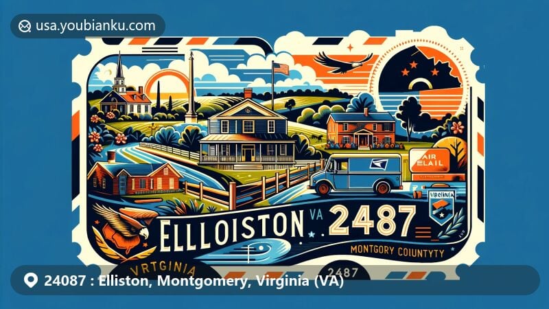 Modern illustration of Elliston, Montgomery County, Virginia, depicting state flag, county outline, Fotheringay plantation, Big Spring Baptist Church, and scenic southwest landscape.