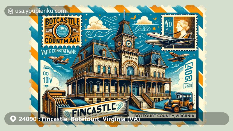 Modern illustration of Fincastle, Botetourt County, Virginia, featuring Botetourt County Courthouse and 19th century architectural styles like Late Victorian, Greek Revival, and Gothic Revival, showcasing postal theme with ZIP code 24090 and 'Fincastle, VA' inscription.