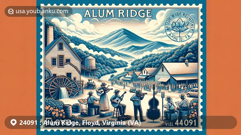 Modern illustration of Alum Ridge, Floyd County, Virginia, featuring Blue Ridge Mountains, Blue Ridge Parkway, music scene, and postal elements with ZIP code 24091.