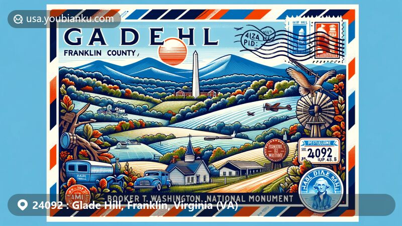 Modern illustration of Glade Hill, Franklin County, Virginia, featuring Blue Ridge foothills, Booker T. Washington National Monument, and historical ties to moonshine production, designed as a styled airmail envelope with stamps, postmark displaying ZIP code 24092, and airmail edge stripes.