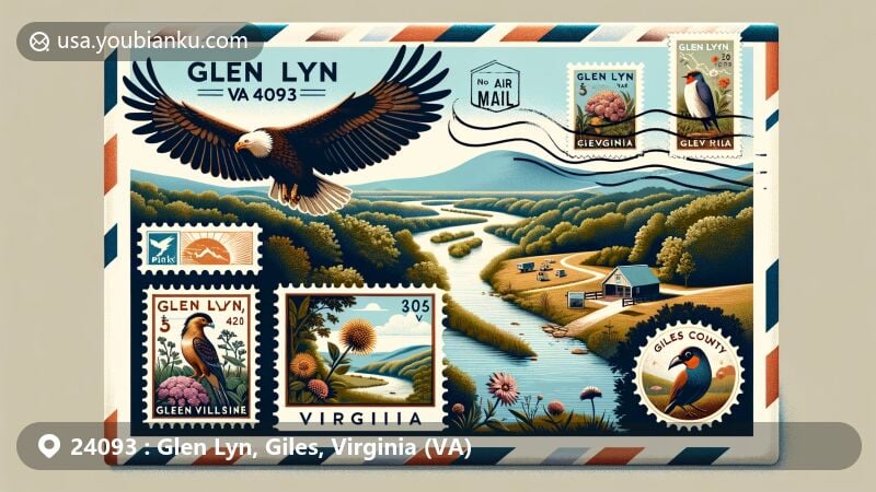 Modern illustration of Glen Lyn, VA 24093, located in Giles County, Virginia, showcasing vintage airmail envelope design with postage stamps of Glen Lyn Park, local wildlife, wildflowers, and the New River winding towards the Blue Ridge Mountains.
