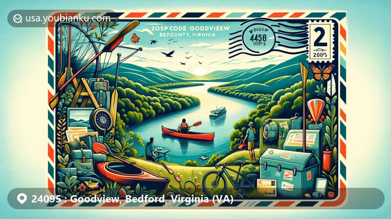 Modern illustration of Goodview, Bedford County, Virginia, showcasing ZIP code 24095, highlighting local outdoor activities like hiking, biking, and fishing near the Appomattox River, with symbols of kayak, fishing rod, and bicycle.