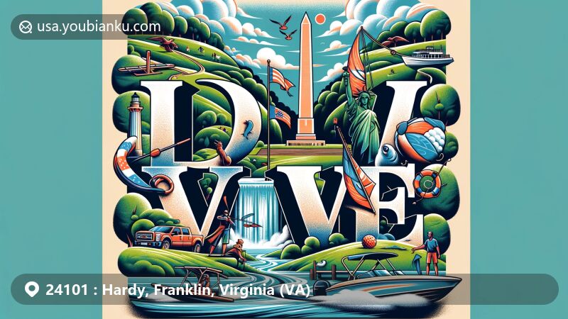 Modern illustration of Hardy, Franklin County, Virginia, representing ZIP code 24101, highlighting Booker T. Washington National Monument and Smith Mountain Lake, featuring vibrant outdoor activities and the iconic 'LOVE' sign with unique sport-themed letters.