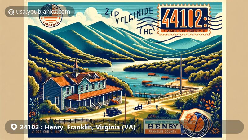 Modern illustration of ZIP code 24102 in Henry, Franklin County, Virginia, featuring Blue Ridge Mountains backdrop, Jamison Mill Park, vintage postcard design with postal elements, and subtle references to Virginia and Franklin County.