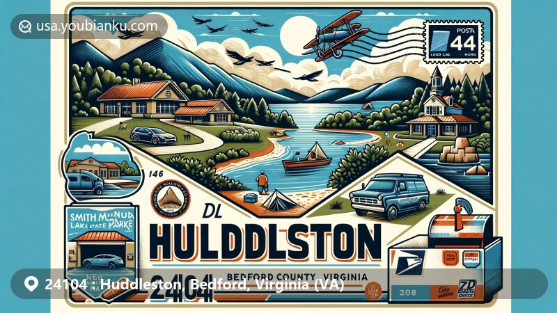 Modern illustration of Huddleston, Bedford County, Virginia, showcasing postal theme with ZIP code 24104, featuring Smith Mountain Lake State Park with recreational activities, Huddleston Post Office, vintage postal elements, and Virginia's natural beauty.