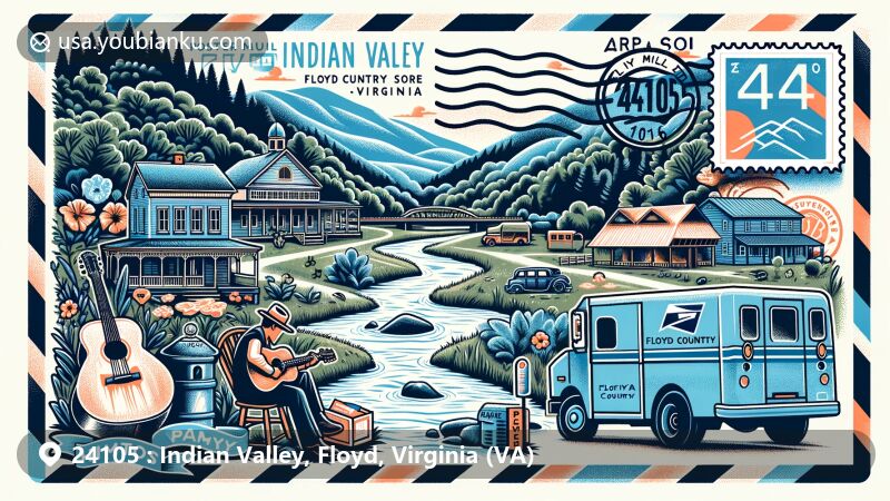 Modern illustration of Indian Valley, Floyd County, Virginia (VA), with postal theme featuring ZIP code 24105, showcasing Blue Ridge Mountains and Little River's natural beauty, paying tribute to rich history and cultural scenes, especially the music heritage displayed at the Floyd Country Store's Friday Night Jamboree. Includes stamps, postmarks, '24105' ZIP code, mailbox, and mail van, combining postal elements with geographical, historical, and cultural significance of the region.