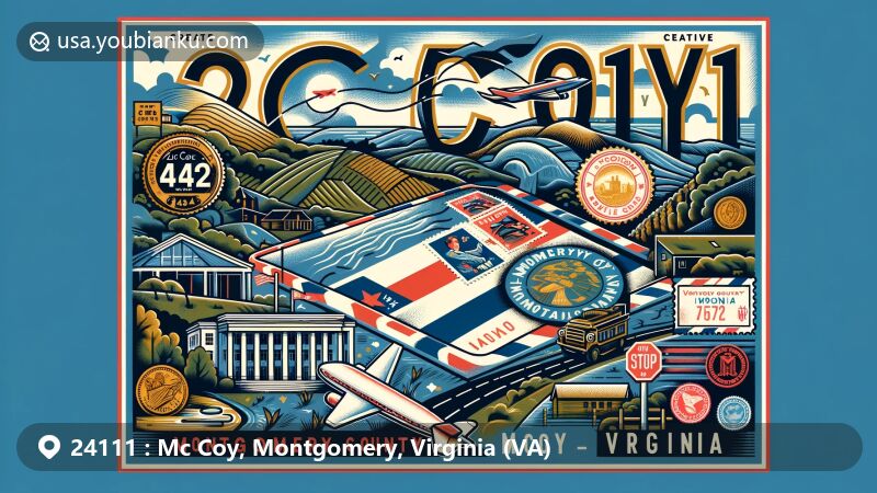 Modern illustration of Mc Coy, Montgomery County, Virginia, featuring ZIP code 24111, Southwest Virginia elements, and postal theme.