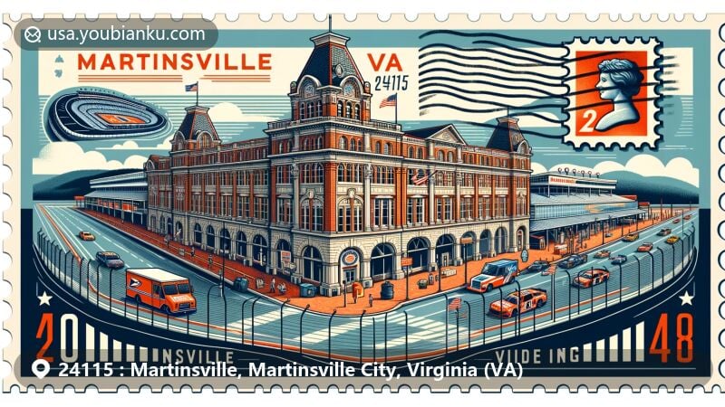 Modern illustration of Martinsville, VA, showcasing postal theme with ZIP code 24115, featuring Martinsville Historic District architecture styles and Martinsville Speedway.