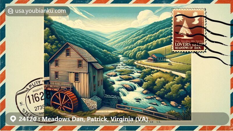 Modern illustration of Meadows of Dan, Virginia, featuring Mabry Mill and Lovers Leap Scenic Overlook, blending iconic landmarks with vintage postal theme and ZIP code '24120'.