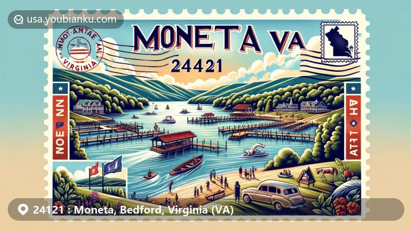 Modern illustration of Moneta, Virginia, showcasing postal theme with ZIP code 24121, featuring Smith Mountain Lake and Crazy Horse Marina.