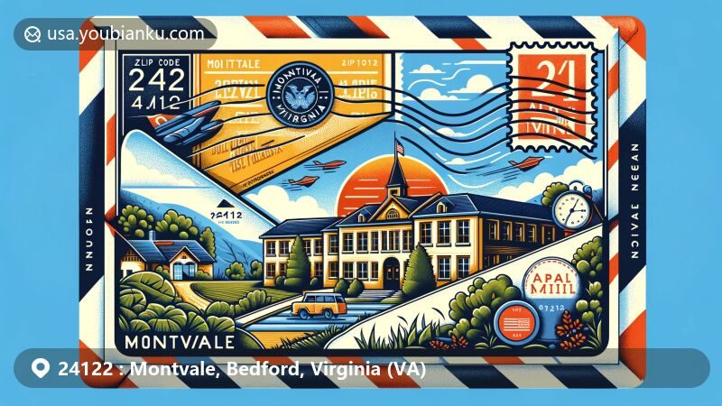 Modern illustration of Montvale, Bedford County, Virginia, showcasing postal theme with ZIP code 24122, featuring Montvale Park's lush greenery, Montvale High School building, and Montvale Post Office.