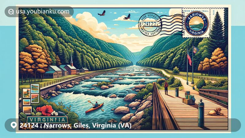 Modern illustration of Narrows, Giles County, Virginia, featuring the New River, state flag, stamps, postmark, and ZIP code 24124 amidst picturesque landscapes and mountains.