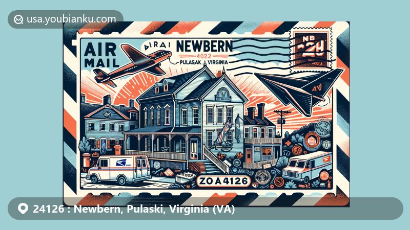 Creative illustration of Newbern, Pulaski, Virginia, capturing the essence of ZIP code 24126 and the Newbern Historic District with 19th-century buildings and the Virginia state flag.