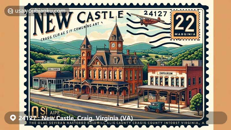 Modern illustration of New Castle, Craig County, Virginia, capturing the beauty of Blue Ridge Mountains, historic buildings like Old Brick Hotel and Craig County Courthouse, and the charm of local commerce symbolized by The Emporium.