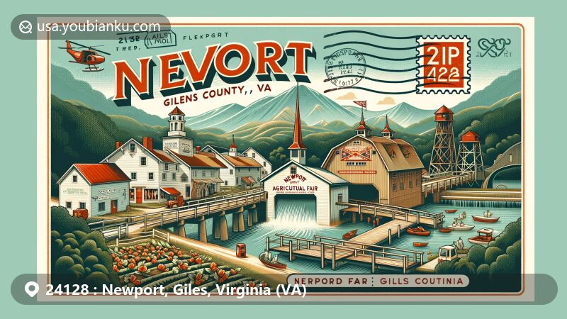 Modern illustration of Newport, Giles County, Virginia, highlighting ZIP code 24128,, featuring the Newport Agricultural Fair and scenic views of Salt Pond Mountain, Sherman's Nose, and Gap Mountain.