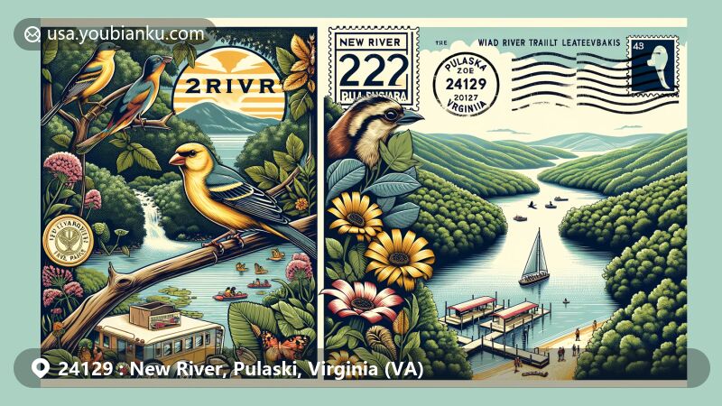 Modern illustration of New River, Pulaski, Virginia (VA), with a postal theme and natural elements, showcasing New River Trail State Park, Claytor Lake State Park, American goldfinch, woodland sunflower, biking, hiking, boating, fishing, camping, Northern Cardinal, American Dogwood, and postal details like ZIP code 24129.