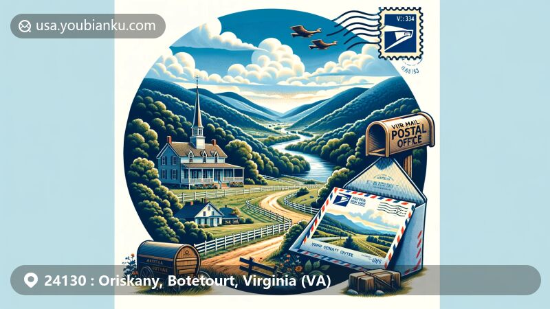 Modern illustration of Oriskany, Virginia area with postal theme, showcasing serene valley of Blue Ridge Mountains, Appalachian Trail, James River, and vintage air mail envelope with ZIP code 24130.