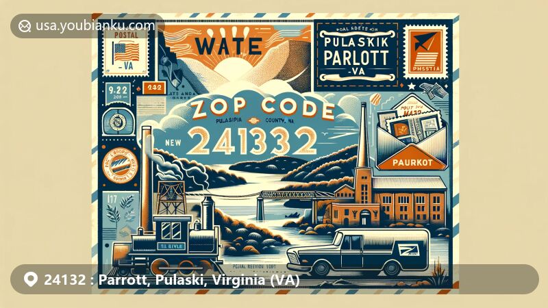 Modern illustration of Parrott, Pulaski County, Virginia, highlighting ZIP code 24132 with New River and Pulaski Anthracite coal mine, vintage airmail envelope, stamps, postmark, mailbox, and postal truck.