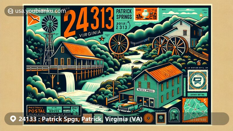 Modern illustration of Patrick Springs, Patrick County, Virginia, reflecting ZIP code 24133, with emphasis on geographic beauty and postal heritage, integrating landmarks like the Shough grist mill and postal elements like vintage envelopes and stamps.