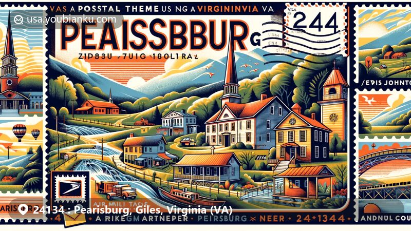 Modern illustration of Pearisburg, Virginia, with ZIP code 24134, blending landmarks like the Appalachian Trail and Andrew Johnston House amidst Giles County's scenic beauty, featuring postal elements like air mail envelope, stamps, and 'Pearisburg, VA 24134' postmark.