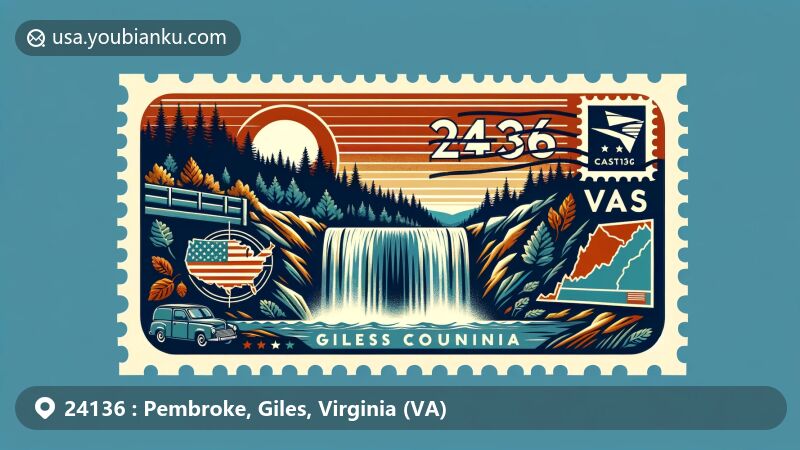 Modern illustration of Pembroke, Giles County, Virginia, showcasing ZIP code 24136 with Cascades waterfall, Giles County outline, and postal elements.