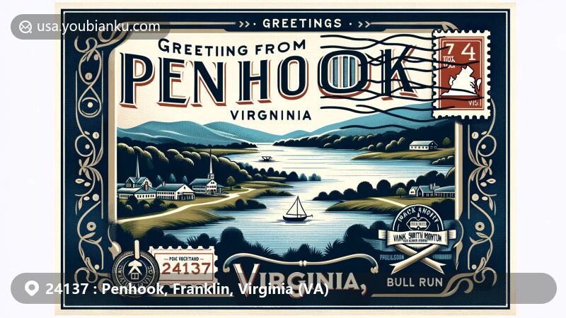 Modern illustration of Penhook, Franklin County, Virginia, showcasing natural beauty with Cool Branch arm of Smith Mountain Lake, Blackwater River, and Bull Run, in vintage postcard design featuring 'Greetings from Penhook, VA' and ZIP code 24137.